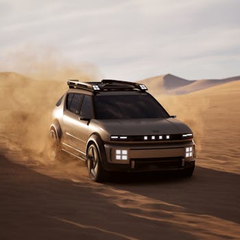 A futuristic SUV driving through desert sand, showcasing off-road capability.